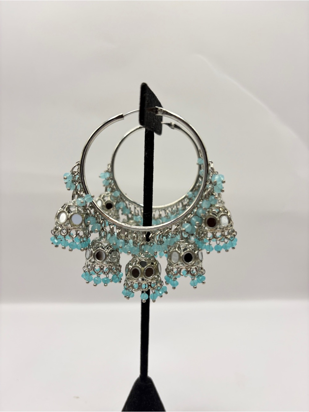 Silver Hoop Jhumka Earrings with Turquoise Beads